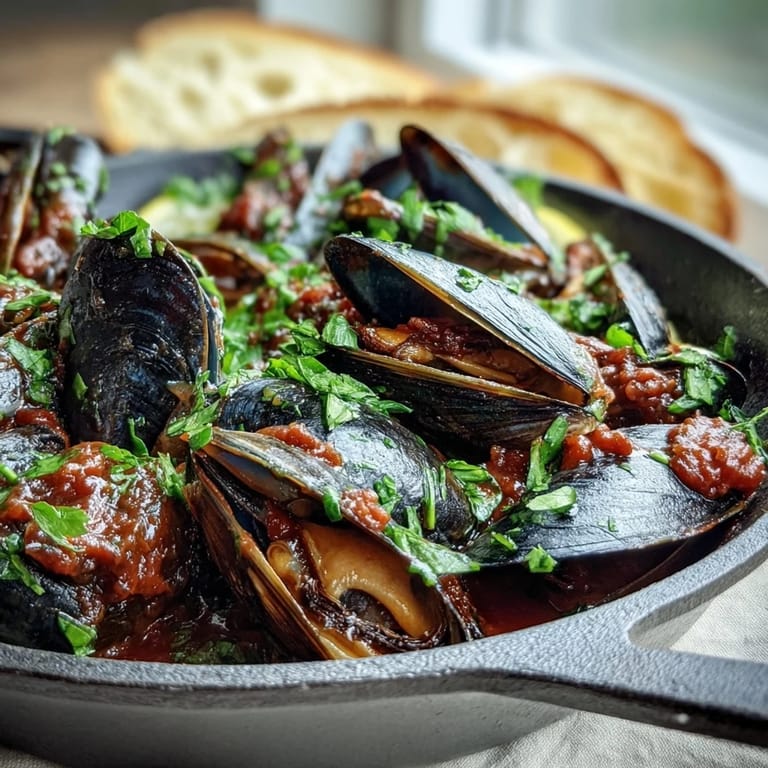 Vibrant red Smoky Mussels Pomodoro stew, garnished with parsley and red pepper flakes beside wine.
