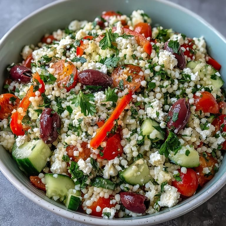 Overhead view of chilled Mediterranean Pearl Couscous with cherry tomatoes and red onion for a vegetarian lunch.