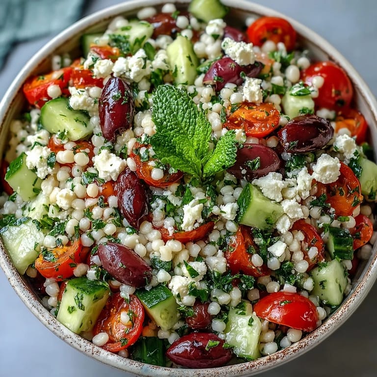 A close-up of Mediterranean Pearl Couscous tossed with olives and parsley, drizzled with oregano vinaigrette.