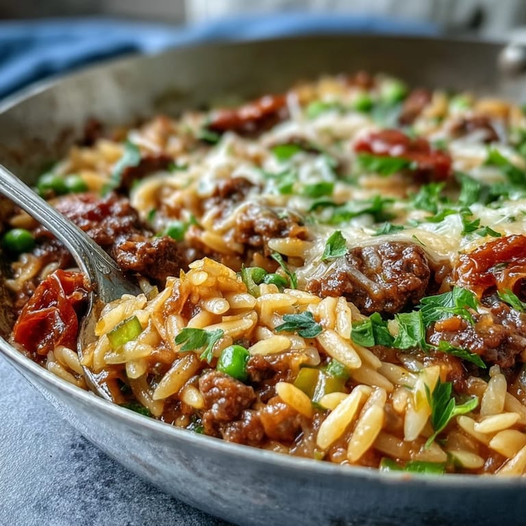 Comforting Ground Beef Orzo served hot in a skillet, perfect weeknight family dinner with peas.