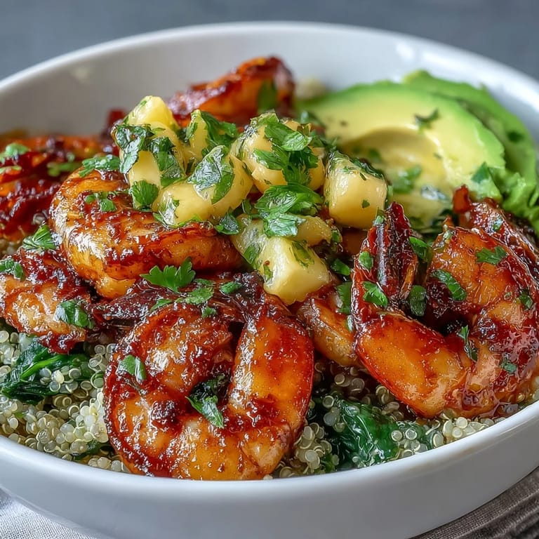 Colorful bowls present grilled shrimp over fluffy quinoa, creamy avocado, and a scoop of mango salsa, finished with tangy lime chili sauce for a refreshing, crunchy dinner bite.