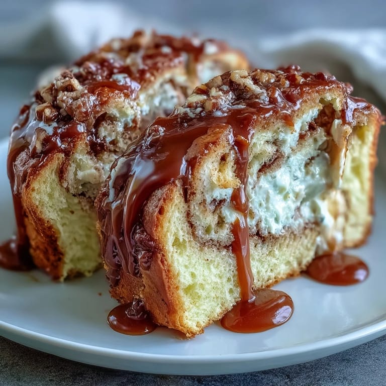 Slices of moist Caramel Cream Cheese Bread on a white plate, revealing a rich cream cheese filling and sweet caramel ribbon inside each piece.