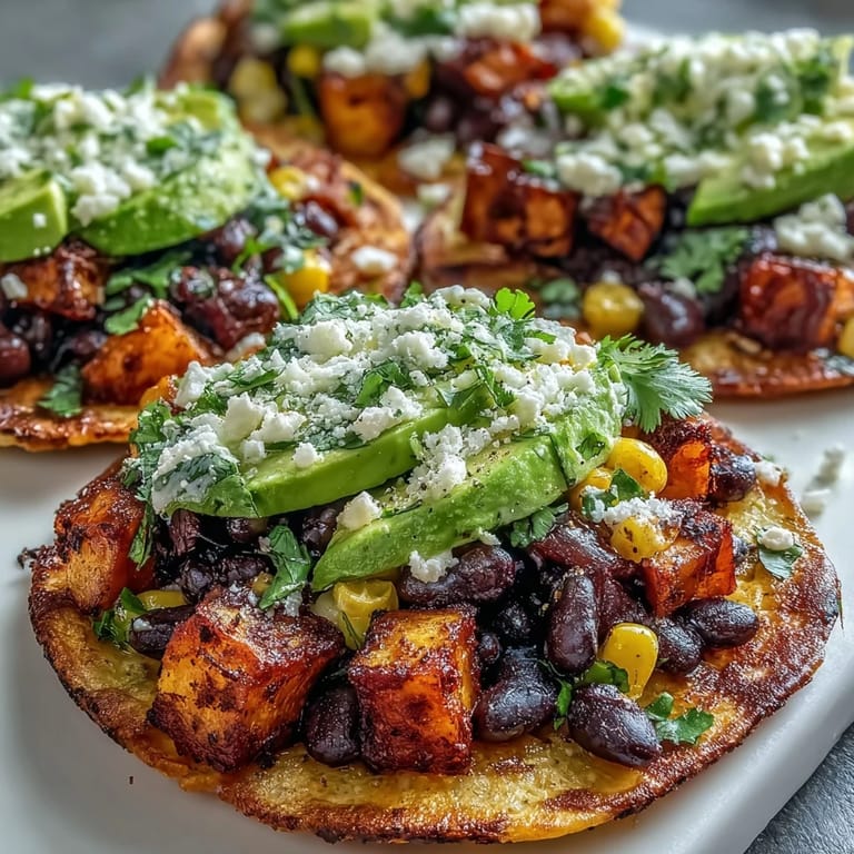 Golden caramelized sweet potatoes and warm black bean corn filling on crunchy tostadas, garnished with fresh cilantro, avocado slices, and a squeeze of bright lime juice.