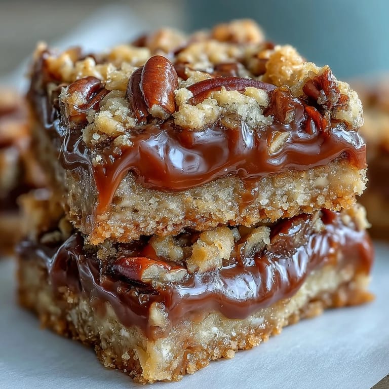 Stack of Decadent Sweet and Chewy Turtle Bars featuring toasted pecans, chocolate chips, and a buttery crumb topping.