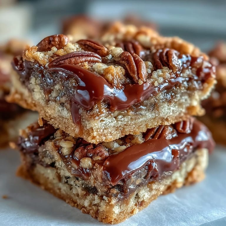Close-up of gooey Decadent Sweet and Chewy Turtle Bars showing rich caramel drizzle and melted chocolate layers.