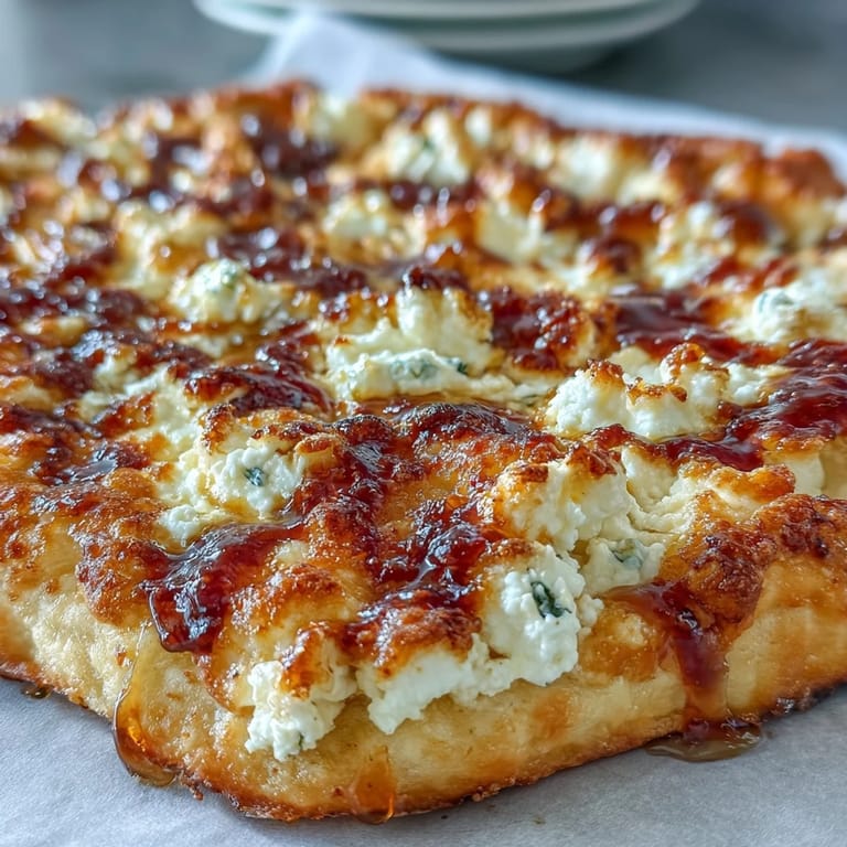 Sliced Hot Honey Ricotta Pizza rests on a rustic wooden table, garnished with fresh basil and red pepper flakes.