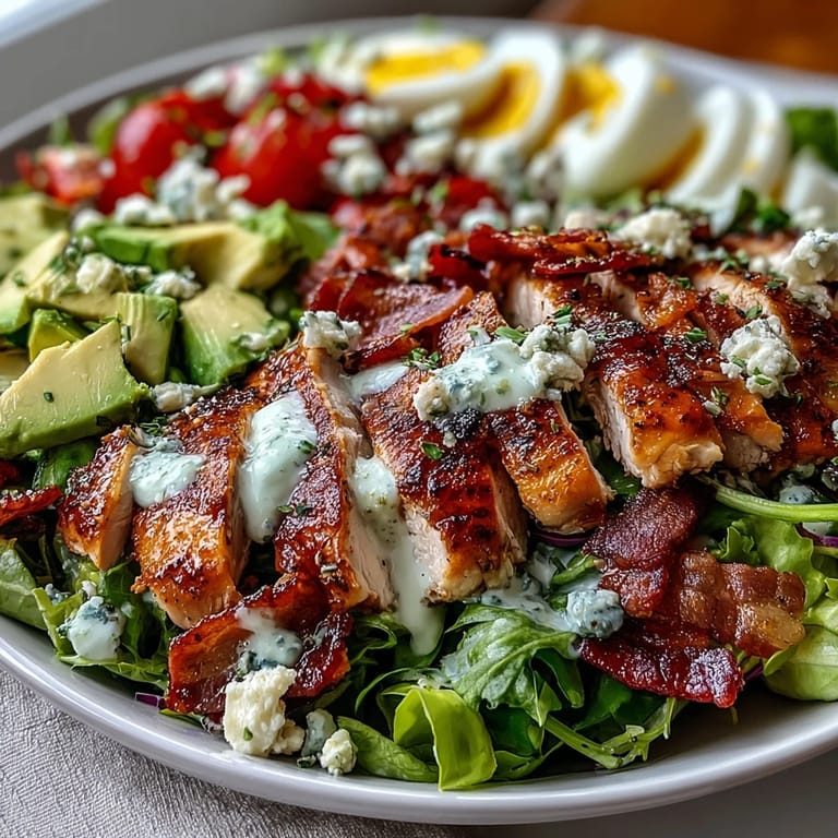An American Cobb Salad Bowl with juicy grilled chicken, crunchy bacon, and creamy avocado, served on a bed of greens.