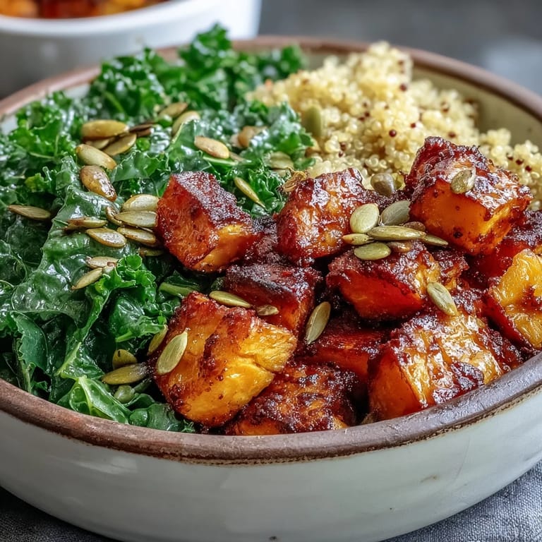 A nourishing Warm Salad Bowl features tender grains, caramelized vegetables, and hearty greens, all tossed in a warm apple cider vinaigrette and served in a rustic ceramic bowl.