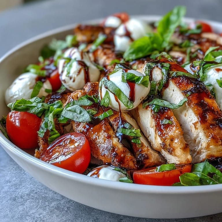 A close-up Caprese Chicken Bowl drizzled with dark balsamic reduction, showing juicy chicken and glossy mozzarella beside vibrant basil.