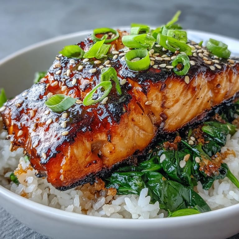 Miso glazed salmon bowl with tender fish and bright spinach, served with lime wedges for a fresh squeeze.