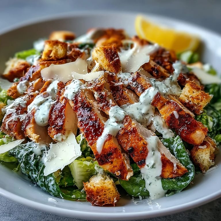 A Caesar Chicken Bowl features sliced grilled chicken over fresh romaine, topped with grated parmesan, golden croutons, and a generous drizzle of creamy Caesar dressing.  