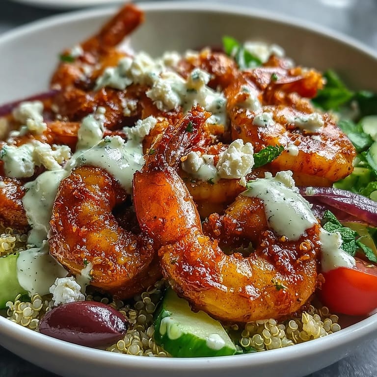 Healthy Mediterranean shrimp bowl with cherry tomatoes, cucumber, olives, and parsley garnish, served with lemon wedges.