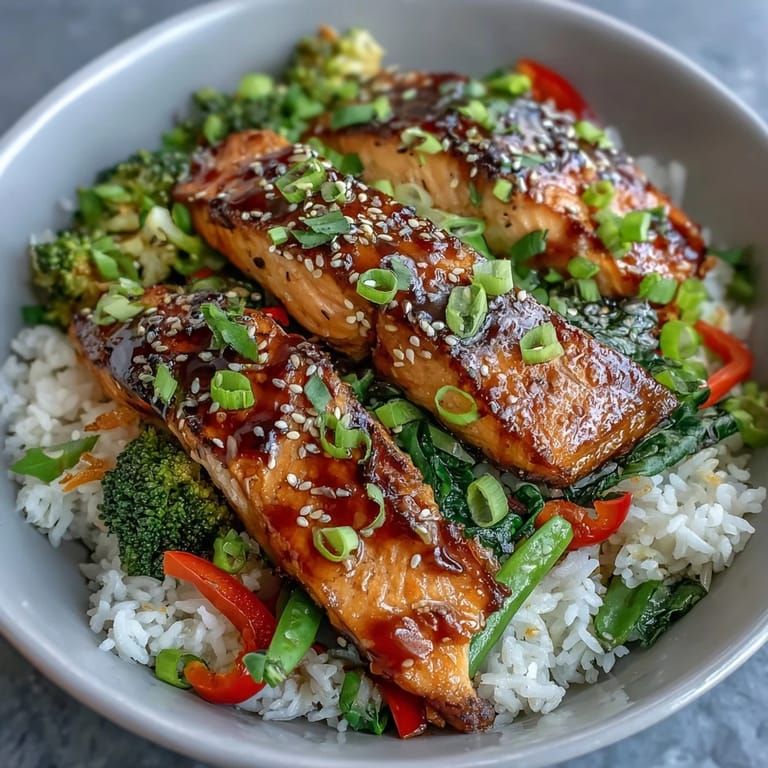 Close-up of a delicious teriyaki salmon bowl featuring tender fish, savory glaze, and crunchy vegetables, perfect for an easy dinner.