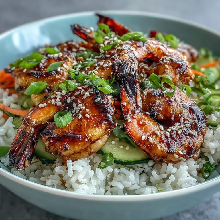 Close-up of an Asian Shrimp Bowl with ginger-sesame dressing drizzled over the colorful ingredients.