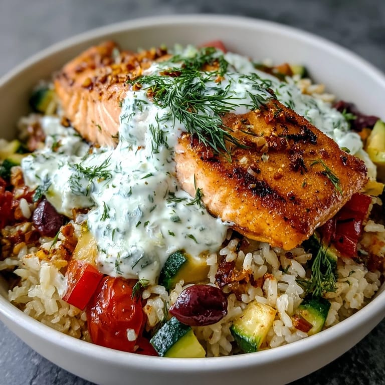 Pan-seared salmon sits atop golden crispy rice with zesty lemon-yogurt drizzle and fresh dill garnish.