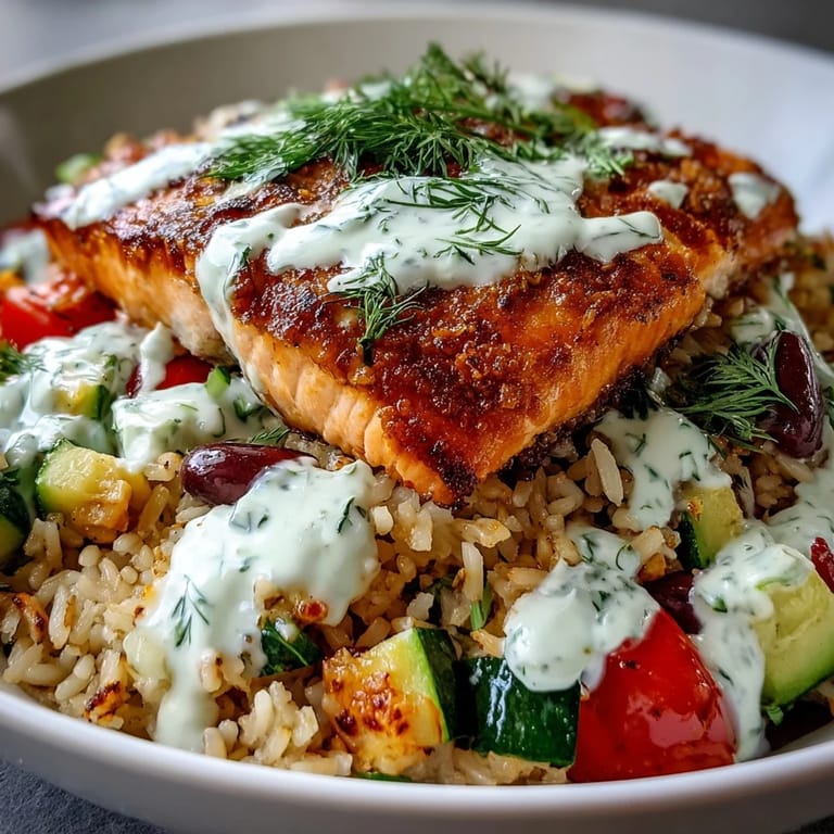 Flaky salmon fillet rests on a crispy rice bed surrounded by colorful peppers, zucchini, and olives.