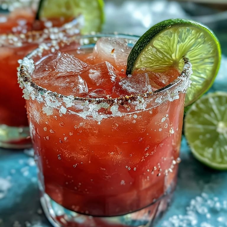 Chilled Guava Margarita with coarse salt rim, overflowing ice and a vibrant pink hue against a tropical backdrop.