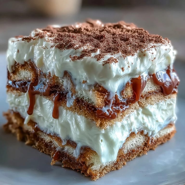 A slice of Hojicha Tiramisu on a plate, showing creamy layers and the dark, roasted tea powder garnish.