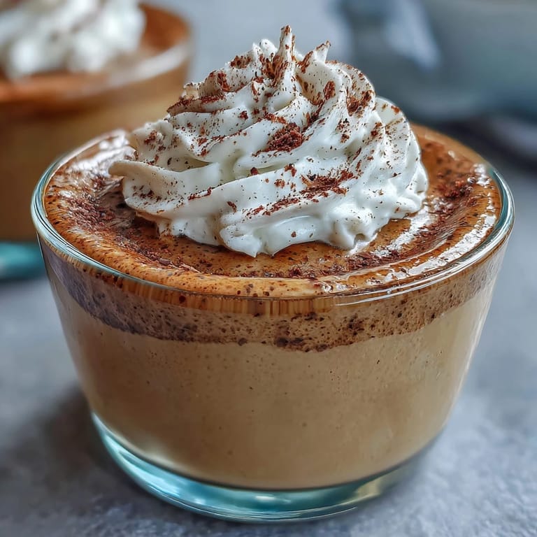 Chilled Hojicha Pudding featuring a rich, caramel-colored custard texture and creamy topping.
