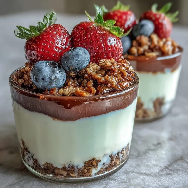 A spoon ready to scoop into a rich Hojicha Panna Cotta Parfait with macerated strawberries and granola layers for a sweet crunch.