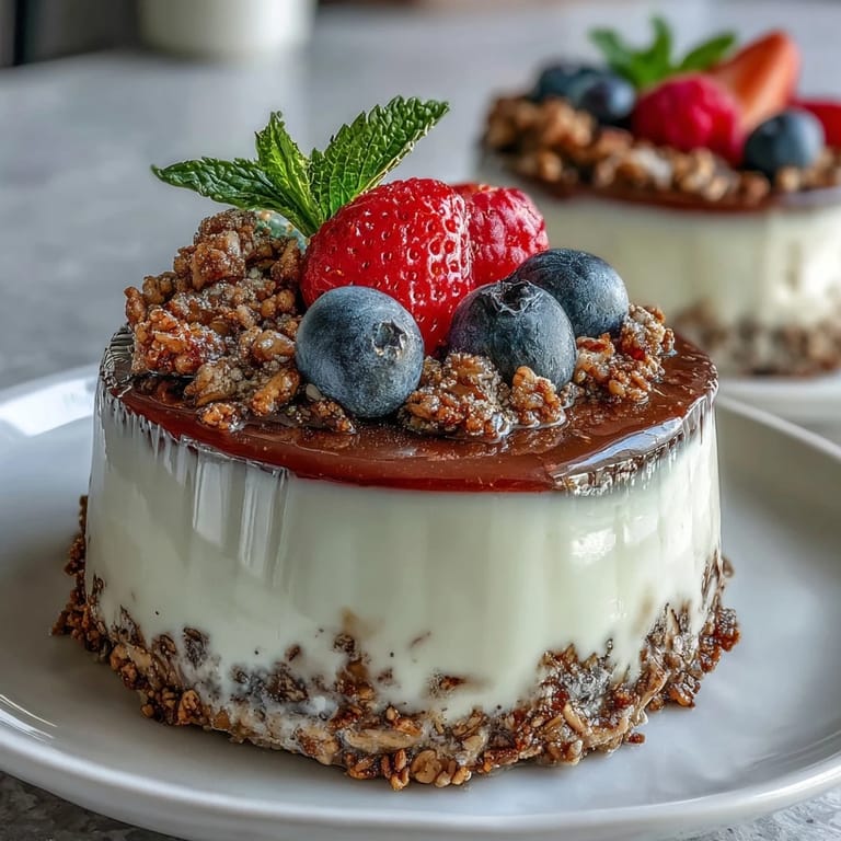 Close-up of a delicate Japanese fusion Hojicha Panna Cotta Parfait topped with mixed berries, showcasing the silky, set texture and vibrant colors.