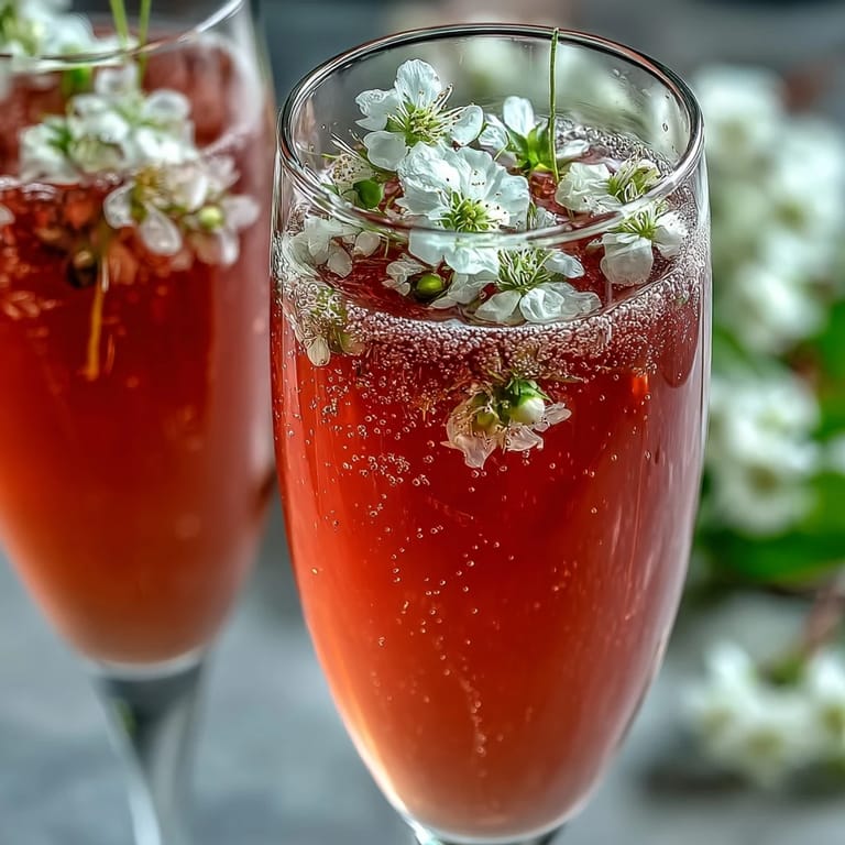 A chilled Elderflower Guava Mimosa garnished with fresh edible flowers for a lovely brunch cocktail. 