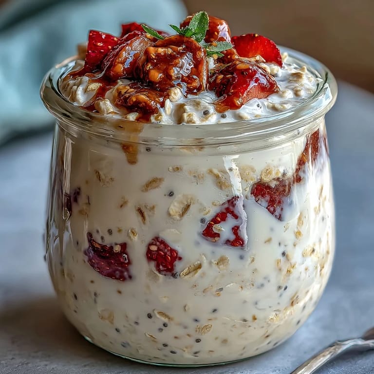 Strawberry vanilla overnight oats layered with juicy berries and a hint of vanilla, offering a satisfying and nutritious morning meal.