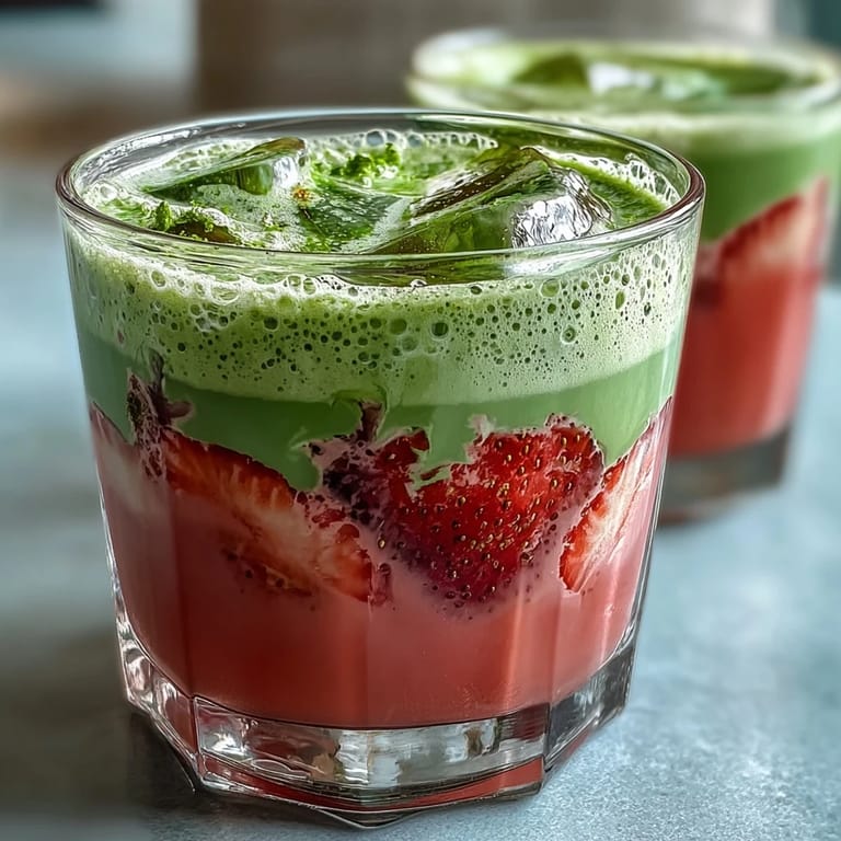 Sweet strawberry matcha latte with frothy oat milk foam, featuring homemade strawberry puree and smooth matcha tea in a café-style presentation.