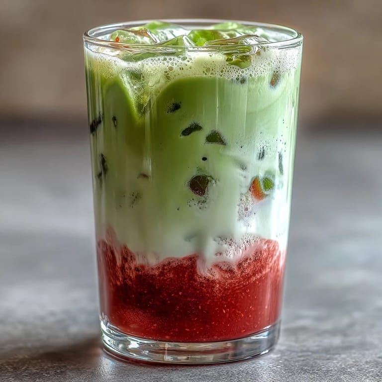 Refreshing dairy-free strawberry matcha iced latte with bright red strawberry layer, green matcha, and creamy coconut milk, served in a tall glass with ice cubes and a strawberry on the rim.