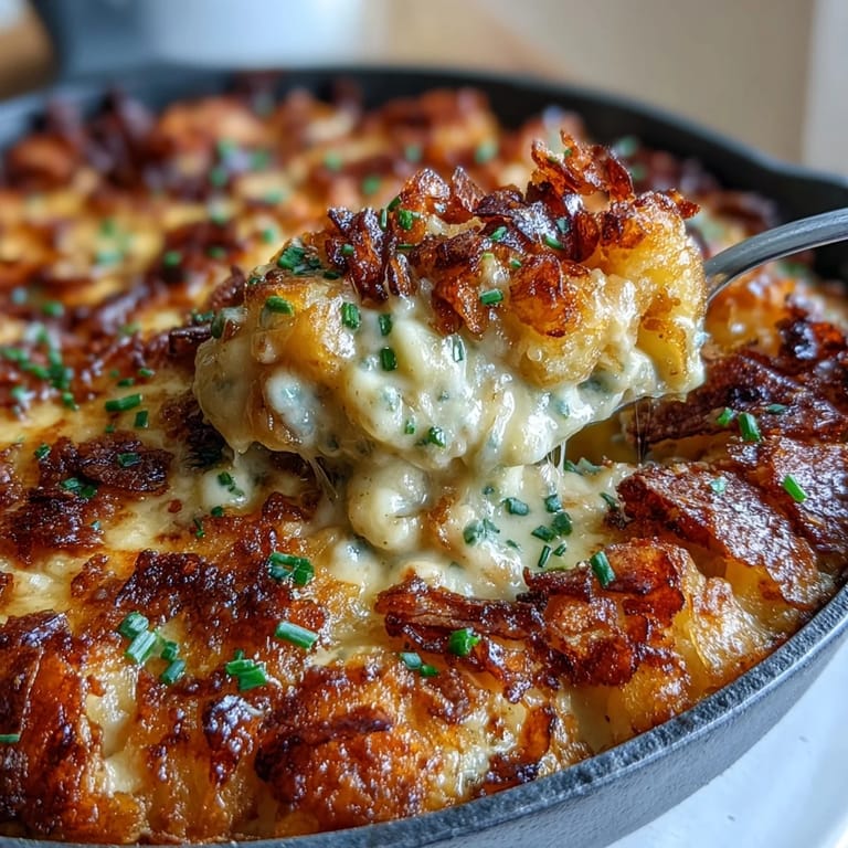 Golden baked funeral potatoes and ham skillet topped with buttery cornflakes, served hot from the oven with fresh chives.