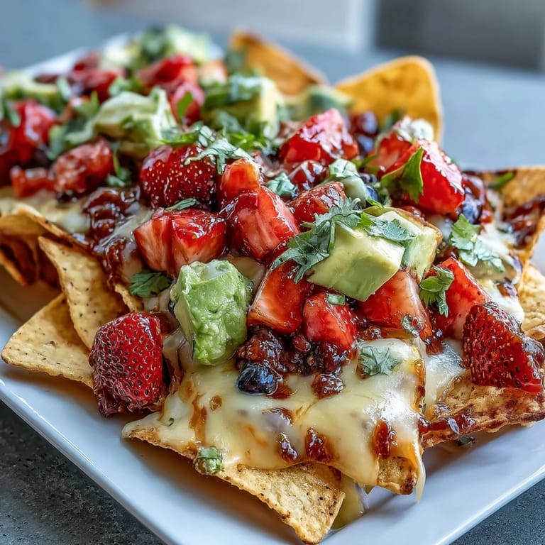 A festive nacho board loaded with gooey cheddar, black beans, avocado, and a zesty strawberry salsa, perfect for sharing at summer gatherings.