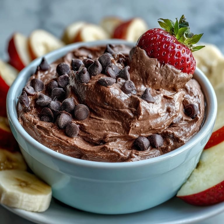Rich chocolate cottage cheese dip paired with fresh strawberries, apple, and banana slices for a sweet, nutritious treat.