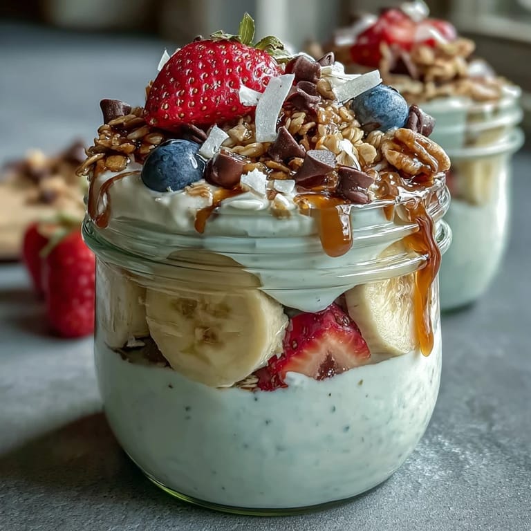 Nutritious and easy Fluffy Yogurt Banana Split Breakfast Jar layered with ripe bananas, strawberries, blueberries, and crunchy granola for a healthy start.  
