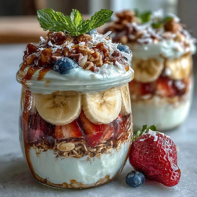 Indulgent yet wholesome Fluffy Yogurt Banana Split Breakfast Jar featuring vanilla yogurt, fresh fruit, nuts, and dark chocolate for a morning treat.