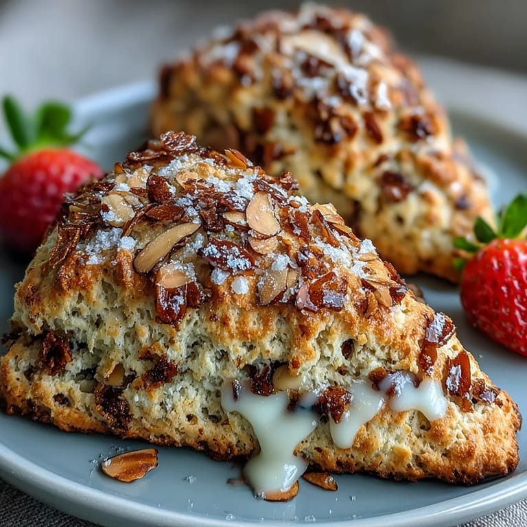 A close-up view of golden-brown strawberry scones cooling on a rack, showing the toasted almond topping and flaky texture.