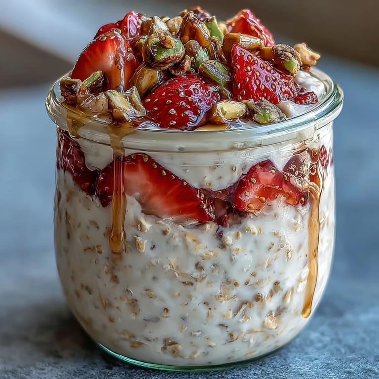 Wholesome overnight oats with strawberries, pistachios, and honey, perfect for a quick, nutritious, and delicious make-ahead meal.