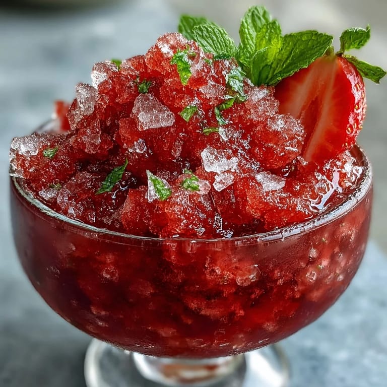 Fluffy strawberry rum granita served in elegant cups, garnished with mint and lime for a refreshing frozen dessert experience.