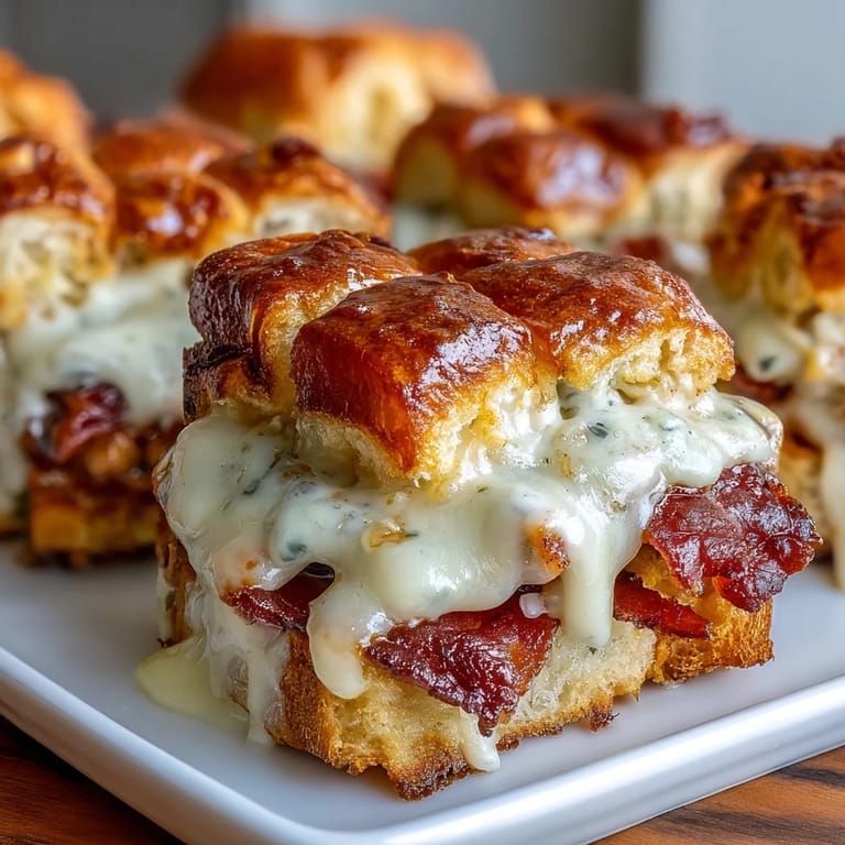 Golden baked sliders layered with turkey, crisp bacon, tomatoes, and rich Mornay sauce, ideal for festive gatherings.