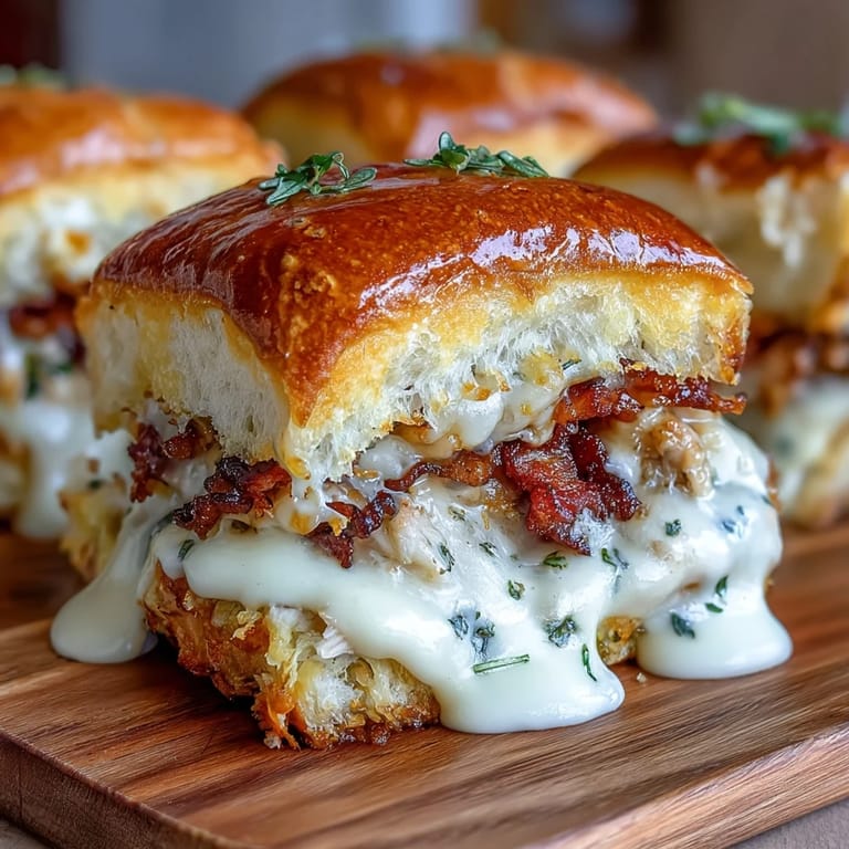 Miniature Kentucky Hot Brown sandwiches featuring turkey, bacon, and bubbling cheese sauce, baked to perfection.