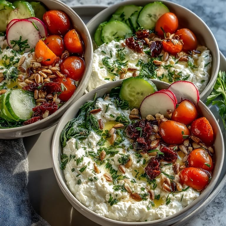 Protein-packed cottage cheese bowl with colorful veggies, crunchy seeds, and fresh herbs—a healthy vegetarian breakfast option.