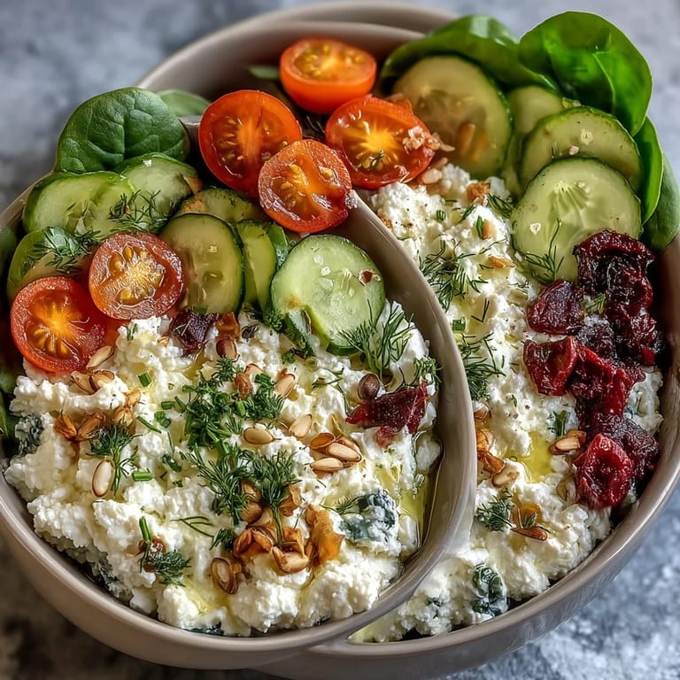 Savory cottage cheese breakfast bowl topped with crisp cucumber, cherry tomatoes, and a drizzle of olive oil for fresh flavor.