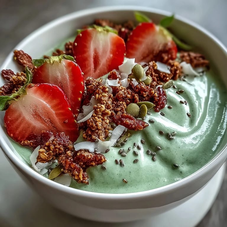 Creamy smoothie bowl blending strawberries and matcha latte, topped with crunchy granola and coconut flakes for a nourishing snack.