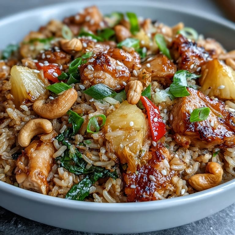 Close-up of golden-brown chicken pieces mixed with jasmine rice, fresh pineapple, and crisp bell peppers in a sizzling wok.  