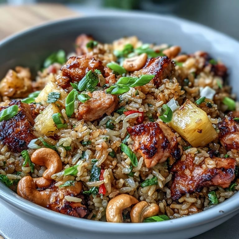 Tropical Hawaiian pineapple chicken fried rice garnished with green onions and roasted cashews, served in a wooden bowl for a warm, inviting presentation.