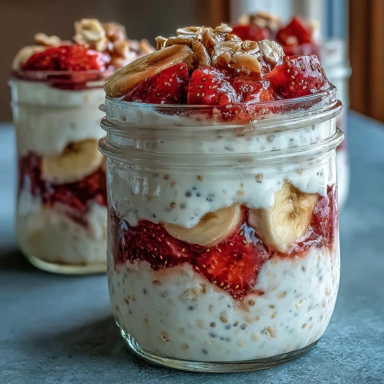 Nutritious Strawberry Banana Overnight Oats with Chia Seeds, a make-ahead breakfast layered with juicy strawberries, ripe banana, and wholesome oats for busy mornings.