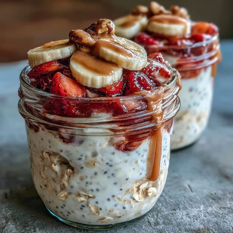 Layered Strawberry Banana Overnight Oats with Chia Seeds, featuring vibrant red strawberries, golden banana, and chia seeds in a creamy oat base.