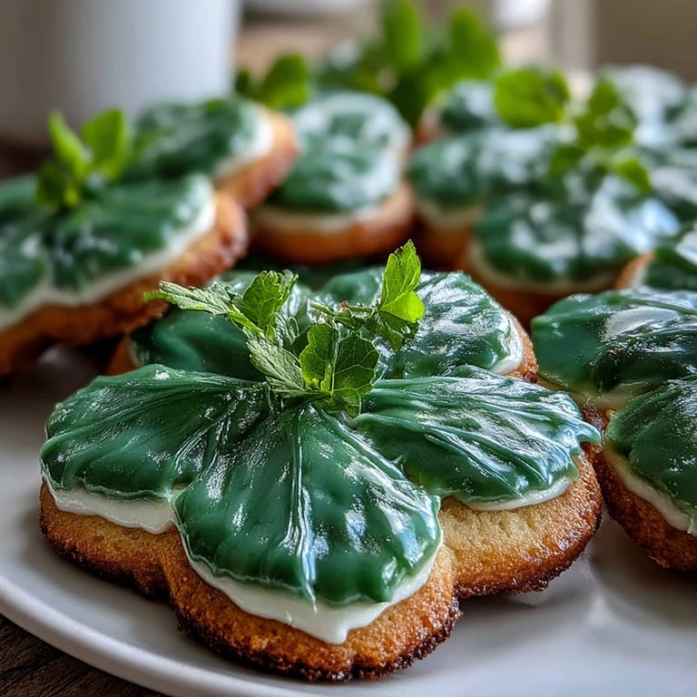 Buttery sugar cookies cut into shamrock shapes and topped with glossy green royal icing for St. Patrick's Day.