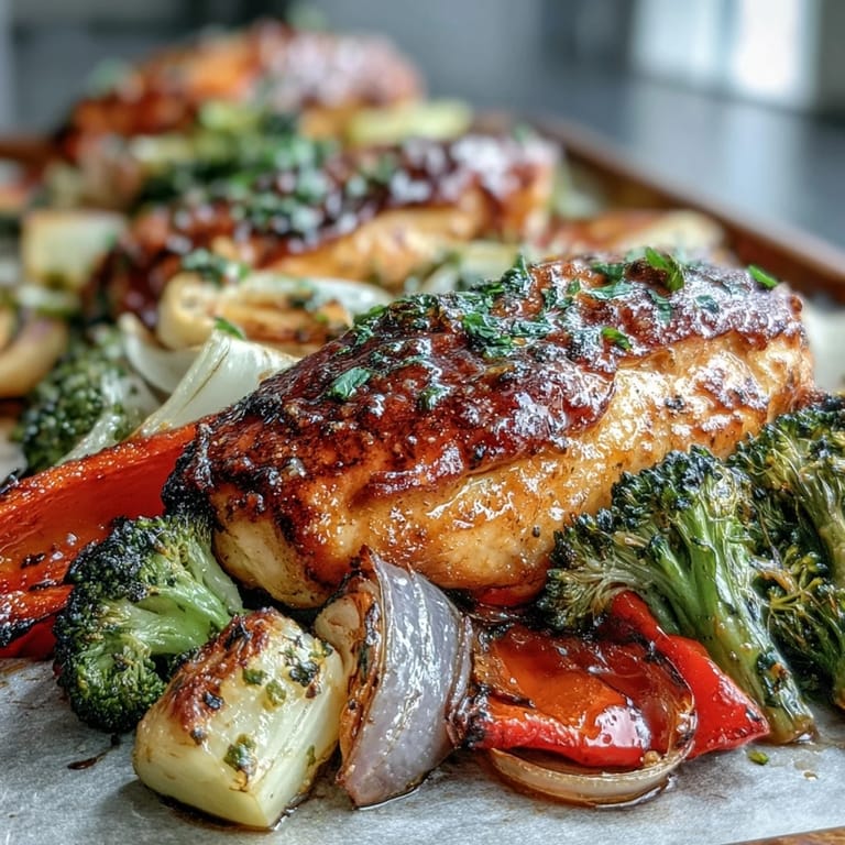 Quick and colorful sheet pan dinner with juicy chicken breasts and caramelized veggies, seasoned with Italian herbs and olive oil.