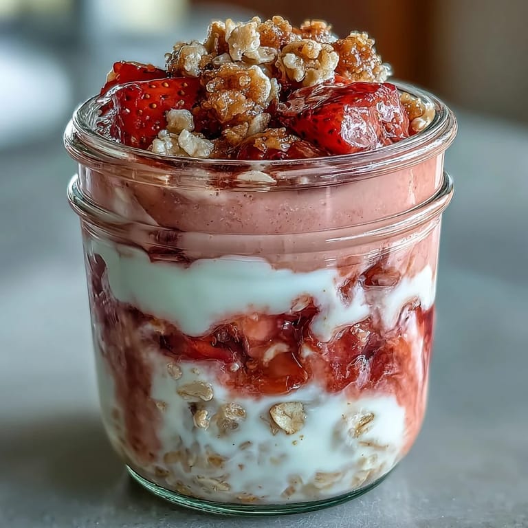 Velvety overnight oats swirled with strawberry compote and a rich cheesecake flavor, finished with graham cracker crumbs.