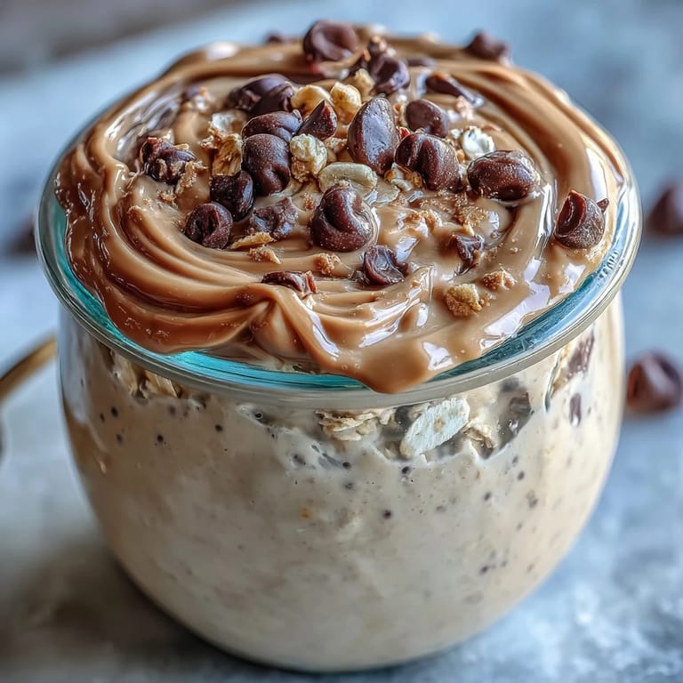 High-protein overnight oats swirled with chocolate chips and creamy almond butter, perfect for a healthy and satisfying morning meal.